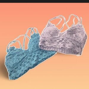 Set of 2 Boho Lace Strappy Bralettes - Teal & Lavender